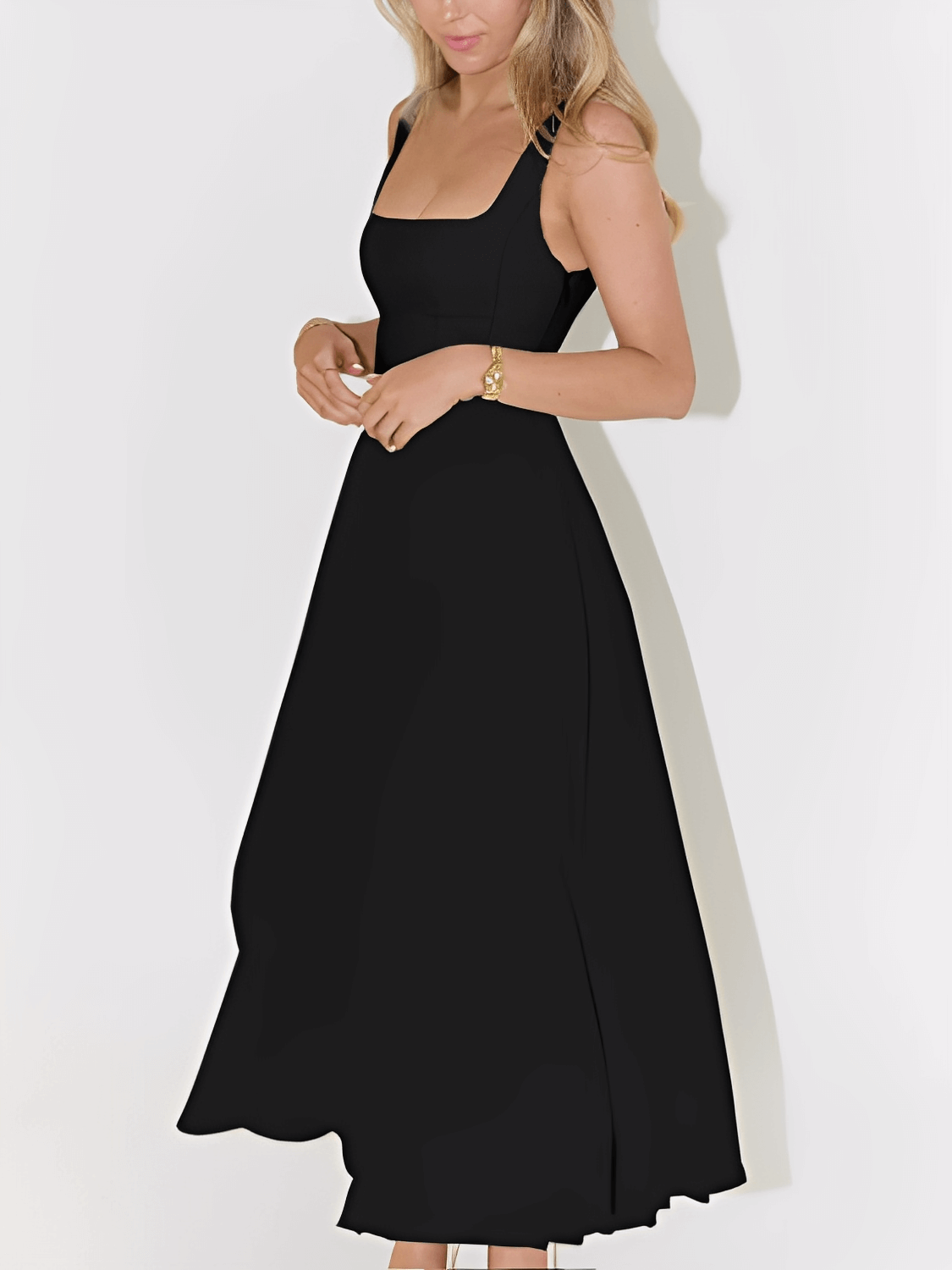 Vestido Feminino Longo Modelagem Evasê com Corset Estruturado de Alças Largas Decote Quadrado e Saia Fluida - Luciene