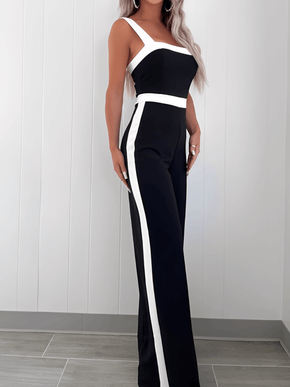 Macacão Feminino Longo Pantalona Acinturado com Faixas Laterais Contrastantes Gola Quadrada e Alças Largas – Giana