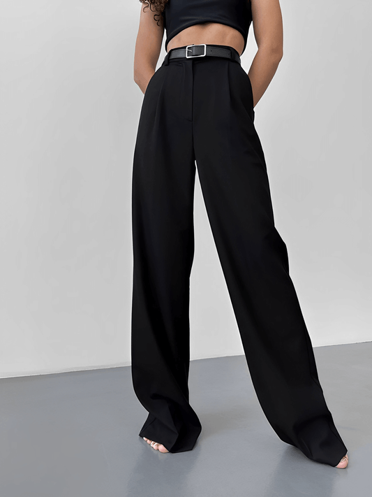 Calça Feminina Wide Leg em Alfaiataria Clássica com Cintura Alta e Bolsos – Kate