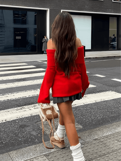 Suéter Feminino em Tricô Ombro a Ombro com Gola Larga e Manga Tipo Flare – Flávia
