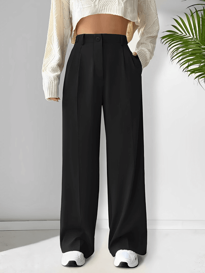 Calça Feminina Alfaiataria Modelagem Wide Leg com Bolsos Funcionais Pregas e Cintura Alta – Adelina