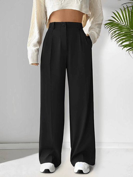 Calça Feminina Alfaiataria Modelagem Wide Leg com Bolsos Funcionais Pregas e Cintura Alta – Adelina