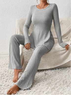 Conjunto Feminino em Tricô Canelado com Blusa Mullet Manga Longa com Fendas Laterais e Calça Flare com Cintura Alta Elástica - Sabrina [FRETE FULL]