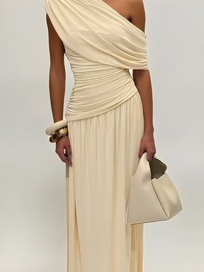Vestido Longo Plissado Ombro Único Acinturado com Franzidos  – Lunara