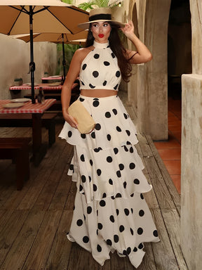 Conjunto Poá em Chiffon com Top Halter e Saia Longa em Camadas - Sibeli [FRETE FULL]