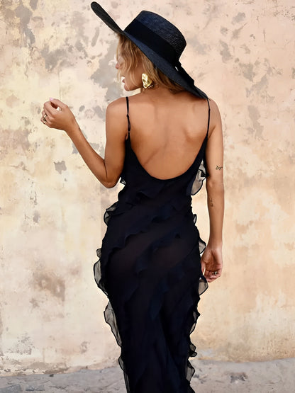 Vestido Feminino Longo de Festa em Chiffon com Babados Alças Finas e Costas Decotadas - Cassandra