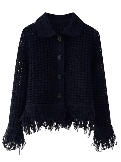 Conjunto Feminino em Tricô com Blusa Manga Longa com Fechamento em Botões e Saia Cintura Alta com Franjas - Monique