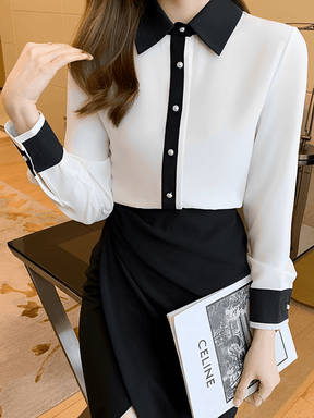Camisa Chiffon Bicolor Contrastante e Botões Perolados  – Monica