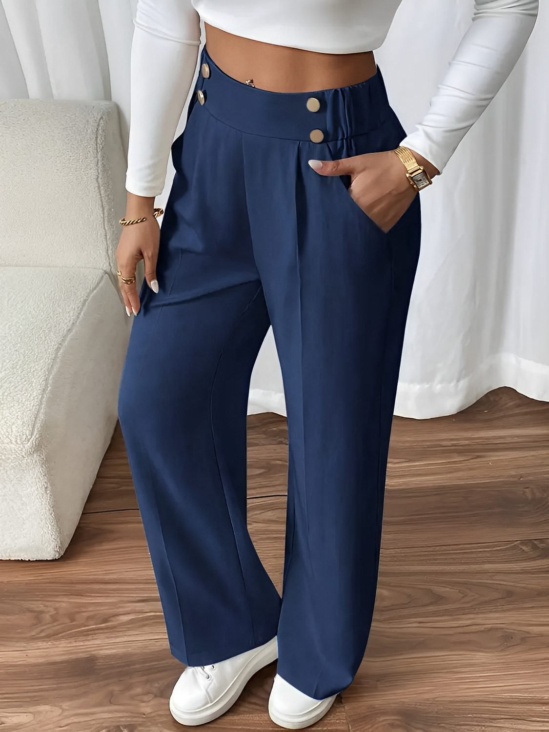 Calça de Alfaiataria Reta com Cintura Elástica Botões e Bolsos - Lizete