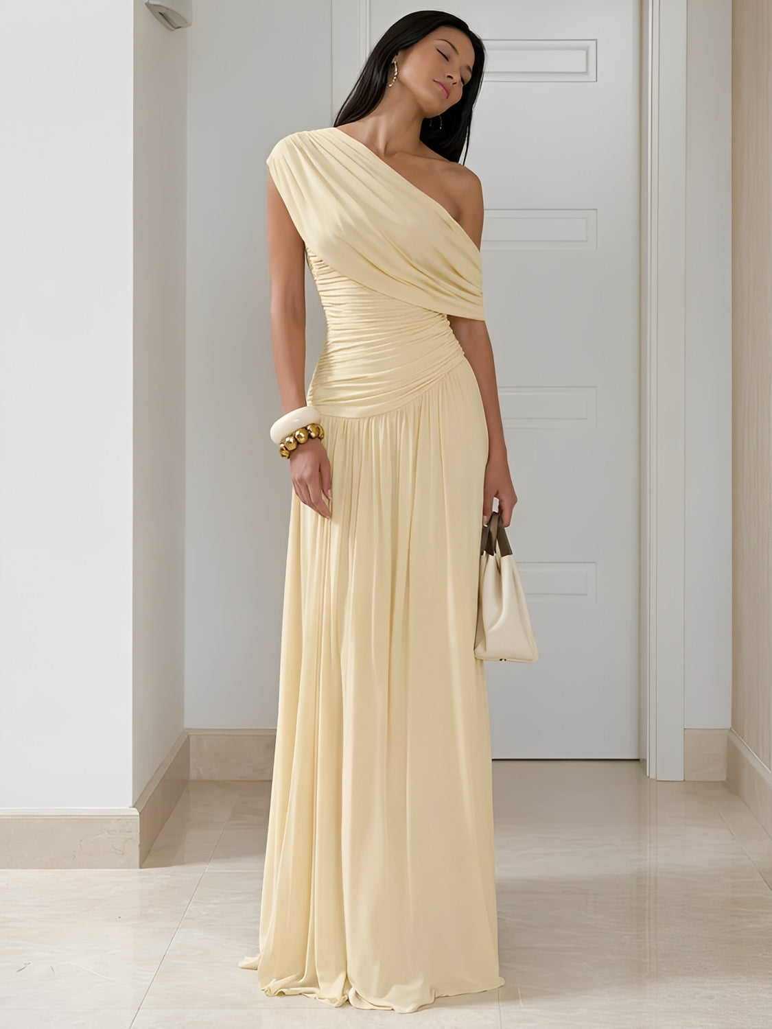 Vestido Longo Plissado Ombro Único Acinturado com Franzidos  – Lunara