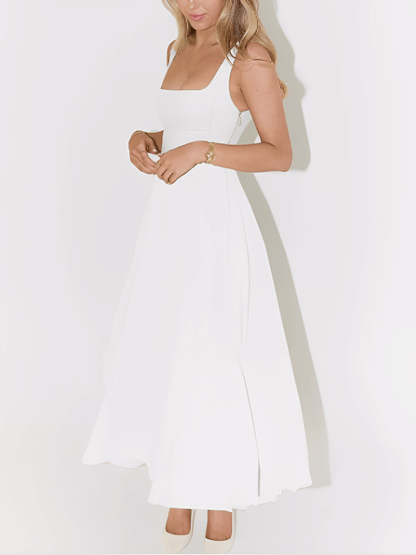 Vestido Feminino Longo Modelagem Evasê com Corset Estruturado de Alças Largas Decote Quadrado e Saia Fluida - Luciene