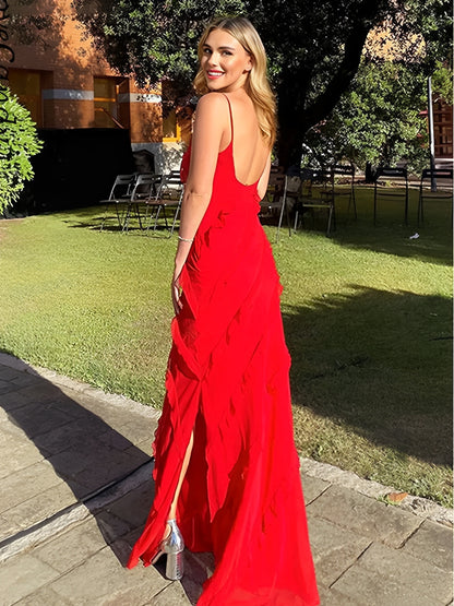 Vestido Feminino Longo de Festa em Chiffon com Babados Alças Finas e Costas Decotadas - Cassandra