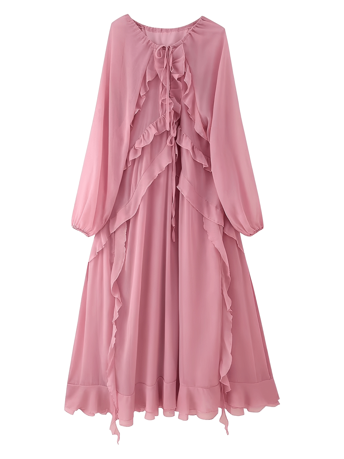Vestido Feminino Longo em Chiffon com Babados em Camadas Decote em V e Mangas Longas – Amelie
