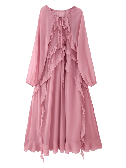 Vestido Feminino Longo em Chiffon com Babados em Camadas Decote em V e Mangas Longas – Amelie