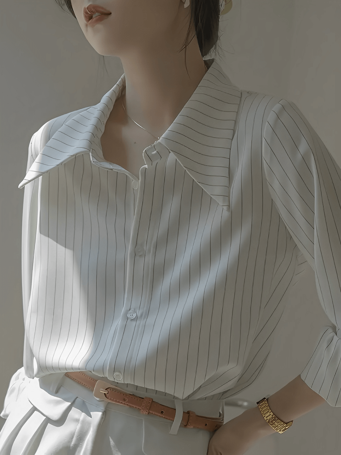 Camisa Vintage com Listras Finas Gola Ampla e Punhos Ajustados - Lucia