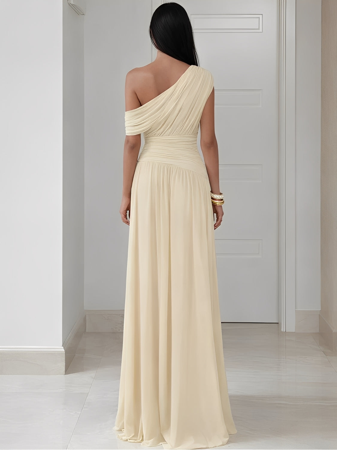 Vestido Longo Plissado Ombro Único Acinturado com Franzidos  – Lunara