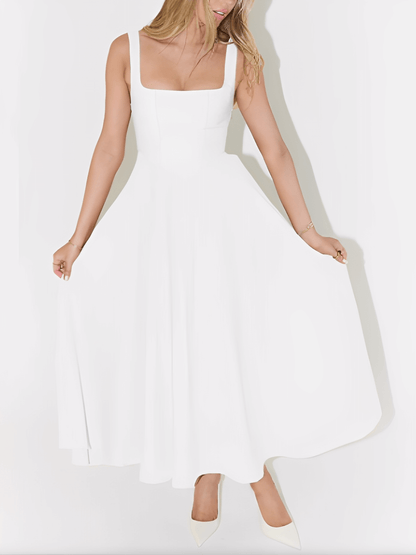 Vestido Feminino Longo Modelagem Evasê com Corset Estruturado de Alças Largas Decote Quadrado e Saia Fluida - Luciene