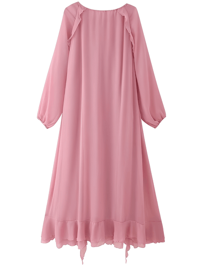Vestido Feminino Longo em Chiffon com Babados em Camadas Decote em V e Mangas Longas – Amelie
