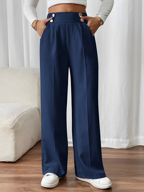 Calça de Alfaiataria Reta com Cintura Elástica Botões e Bolsos - Lizete