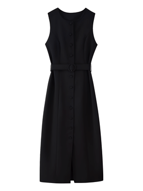 Vestido Midi Sem Mangas com Botões Forrados Cinto e Fenda – Selena