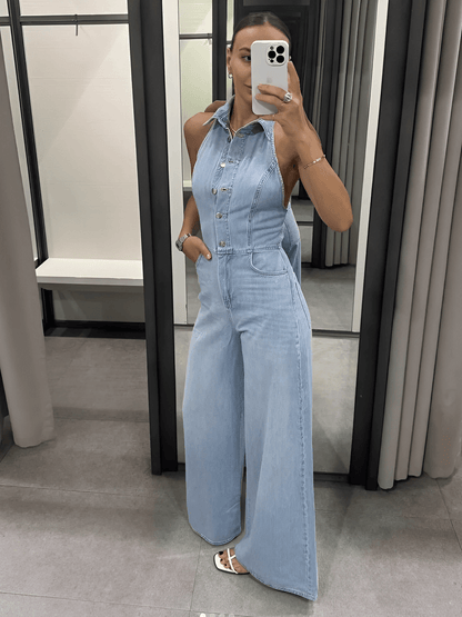 Macacão Feminino Jeans com Decote Nadador e Abertura Frontal em Botões Modelagem Wide Leg  - Jordana