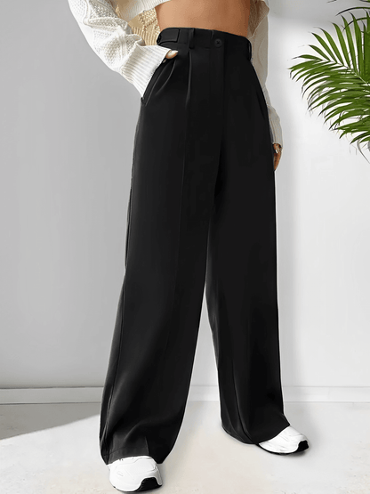 Calça Feminina Alfaiataria Modelagem Wide Leg com Bolsos Funcionais Pregas e Cintura Alta – Adelina