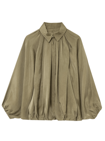 Camisa Feminina Acetinada Oversized com Manga Bufante e Fechamento em Zíper – Milene