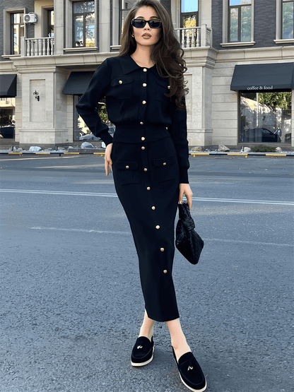Conjunto Feminino Alfaiataria em Viscose com Suéter de Gola Virada e Saia Midi com Bolsos e Botões - Geyze