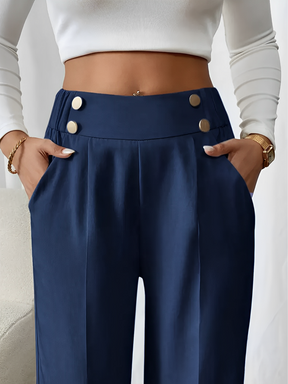 Calça de Alfaiataria Reta com Cintura Elástica Botões e Bolsos - Lizete