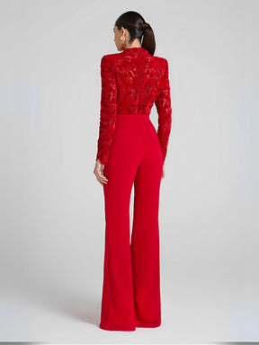 Macacão Elegante Manga Longa com Renda e Calça Flare com Cinto - Yeva