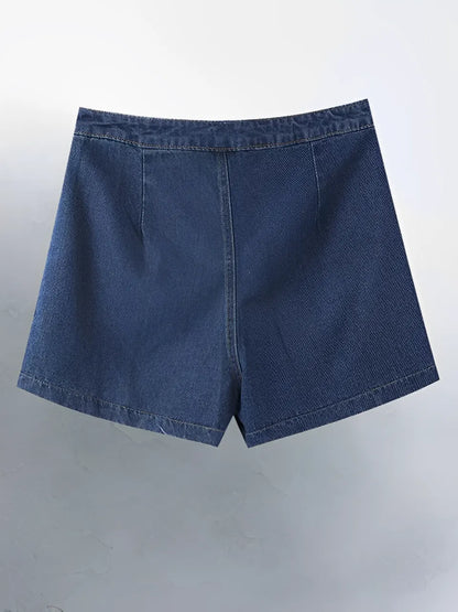 Conjunto Feminino Jeans com Colete de Botões e Short de Cintura Alta - Raiza