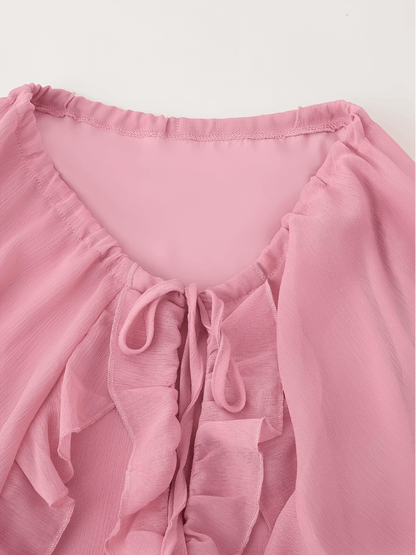 Vestido Feminino Longo em Chiffon com Babados em Camadas Decote em V e Mangas Longas – Amelie