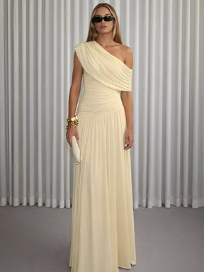 Vestido Longo Plissado Ombro Único Acinturado com Franzidos  – Lunara