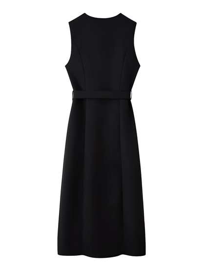 Vestido Feminino Midi Sem Mangas com Botões Forrados Cinto Decorativo e Fenda Sofisticada – Selena