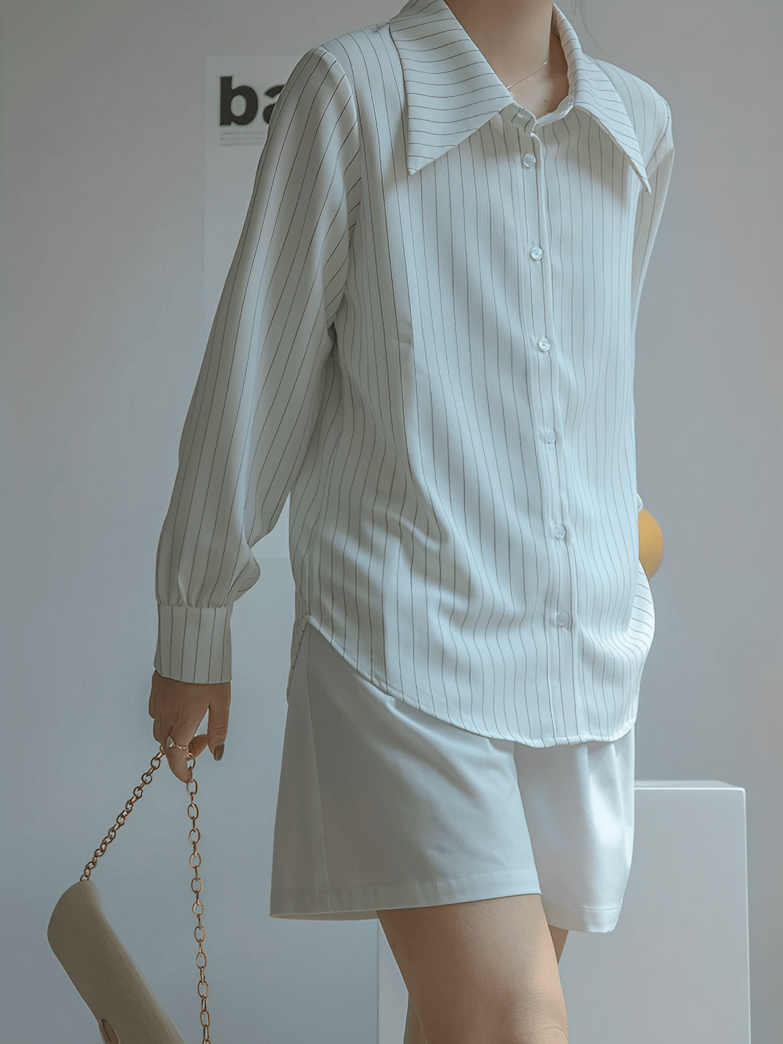 Camisa Vintage com Listras Finas Gola Ampla e Punhos Ajustados - Lucia