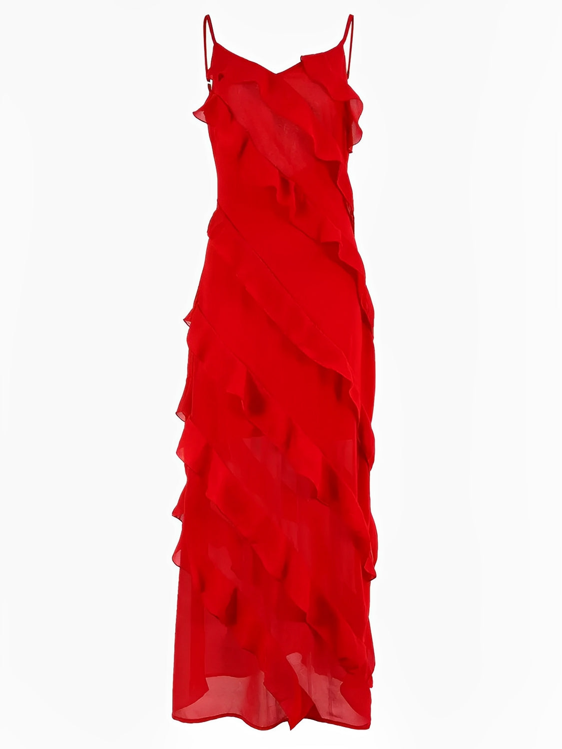 Vestido Feminino Longo de Festa em Chiffon com Babados Alças Finas e Costas Decotadas - Cassandra