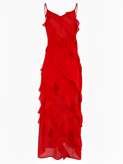 Vestido Feminino Longo de Festa em Chiffon com Babados Alças Finas e Costas Decotadas - Cassandra