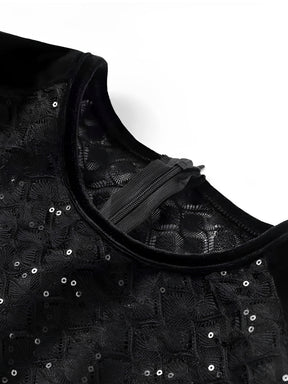 Macacão de Renda com Lantejoulas Plumas e Calça Flare de Veludo - Noir [FRETE FULL]