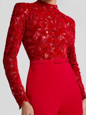 Macacão Elegante Manga Longa com Renda e Calça Flare com Cinto - Yeva