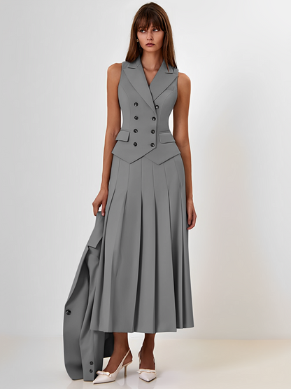 Conjunto Feminino de Alfaiataria com  Colete Clássico e Saia Midi Plissada - Lizandra