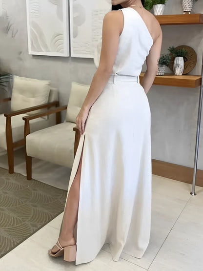Conjunto Feminino com Blusa de Ombro Único e Saia Longa de Cintura Alta com Amarração e Fenda - Malena [FRETE FULL]