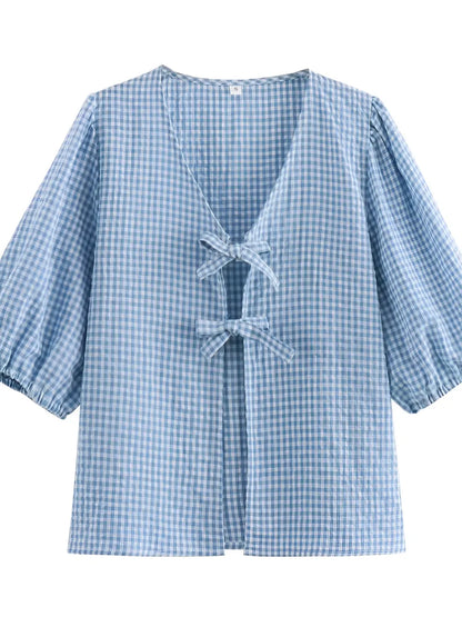 Conjunto Feminino Xadrez com Blusa de Amarração Frontal e Manga Bufante e Short com Cintura Elástica - Cassie