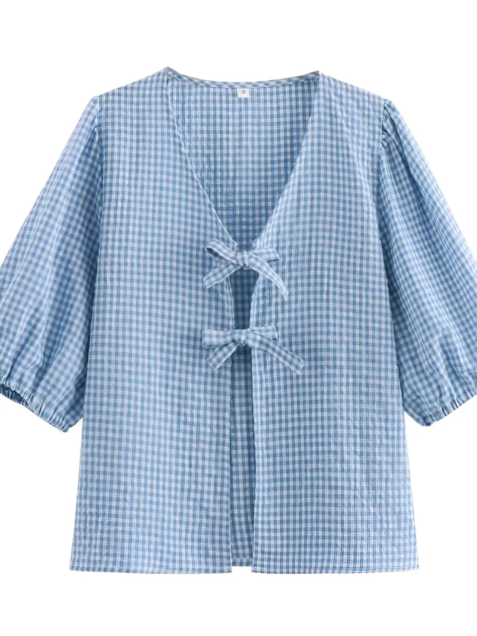 Conjunto Xadrez de Blusa Manga Bufante Laços e Short Cós Elástico - Cassie