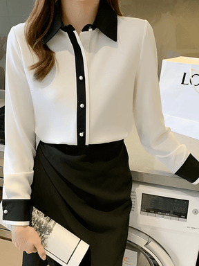 Camisa Chiffon Bicolor Contrastante e Botões Perolados  – Monica