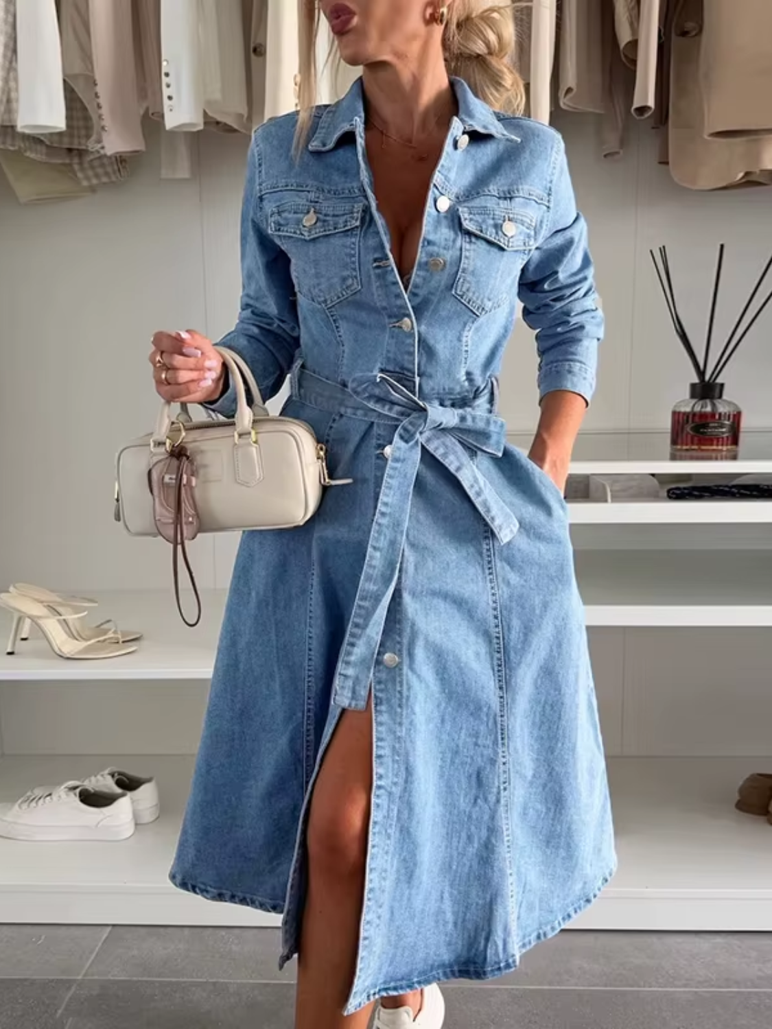 Vestido Feminino Jeans Modelos Midi Chemise com Gola Polo e Cinto-Faixa na Cintura - Nadia