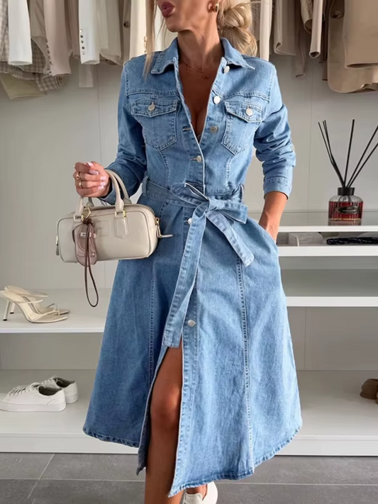 Vestido Feminino Jeans Modelos Midi Chemise com Gola Polo e Cinto-Faixa na Cintura - Nadia