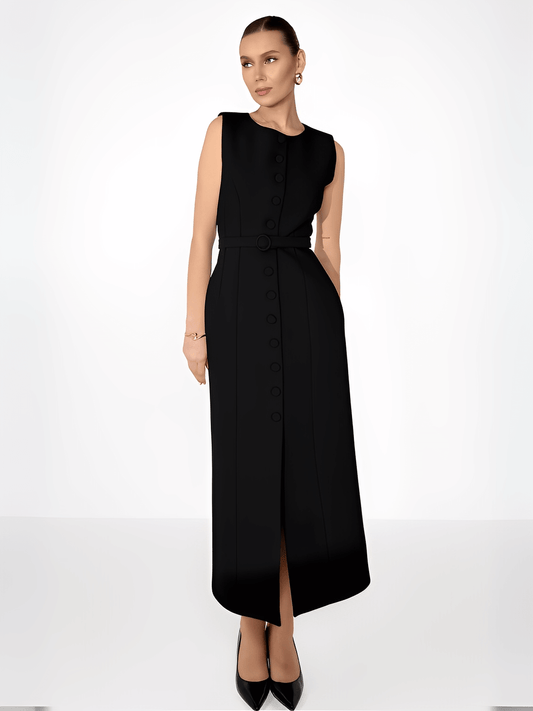 Vestido Feminino Midi Sem Mangas com Botões Forrados Cinto Decorativo e Fenda Sofisticada – Selena