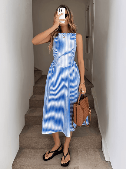 Vestido Feminino Midi Modelagem Evasê com Corset Estruturado com Listras Verticais Elegantes - Elizabeth