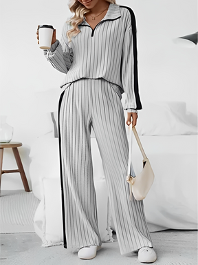 Conjunto Canelado com Suéter Gola V de Zíper e Calça Pantalona – Ivy