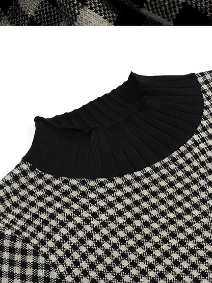 Vestido Feminino em Tricô Estampado Xadrez Vintage com Modelagem Evasê – Genevieve